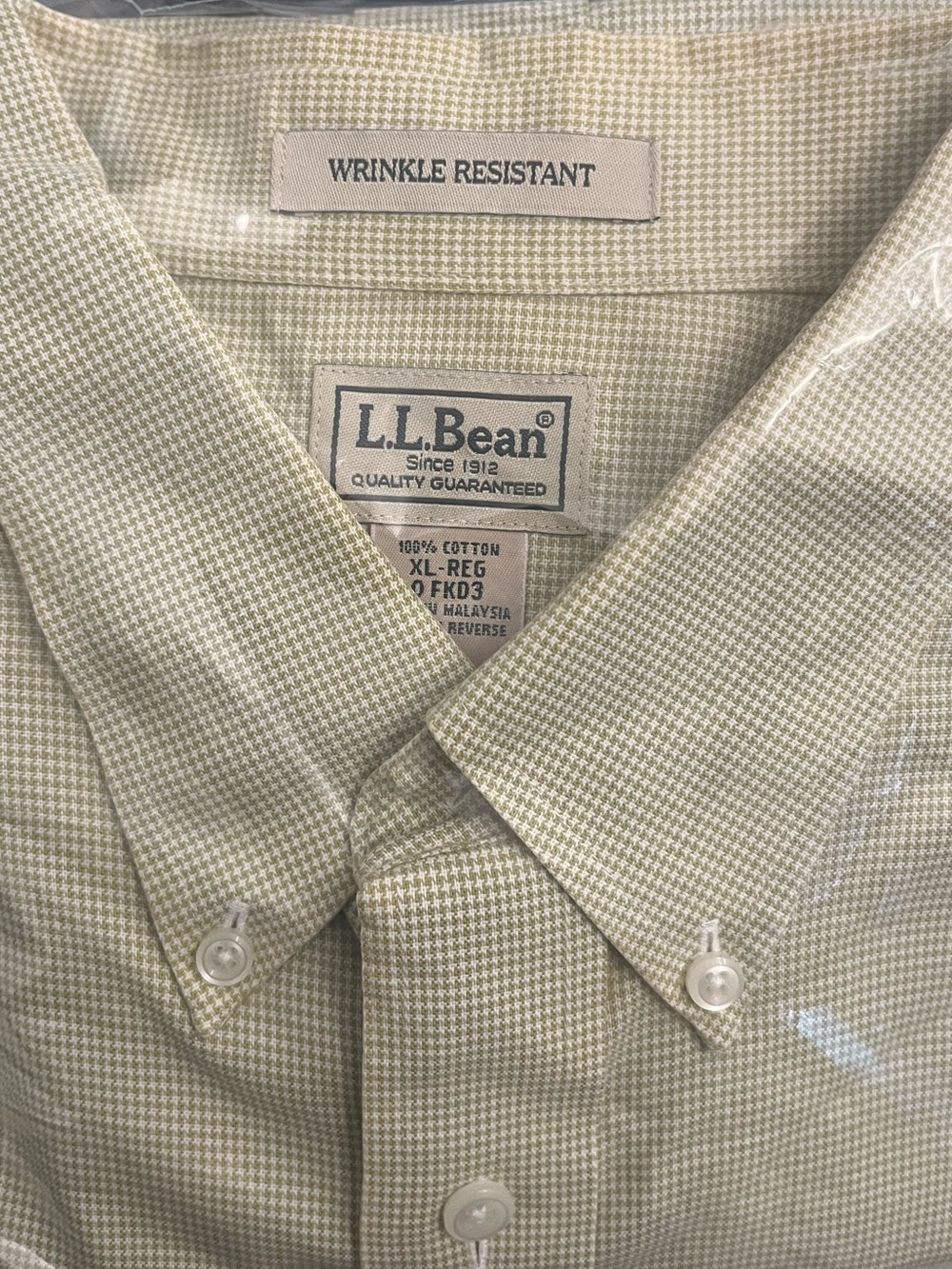 L.L.Bean Beige & White Checkered Cotton Button Up Shirt Size XL